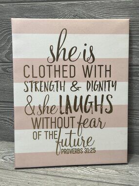 Proverbs 31:25 Bible Verse Wood Hanging Canvas Pink White Stripe Wall Art Decor